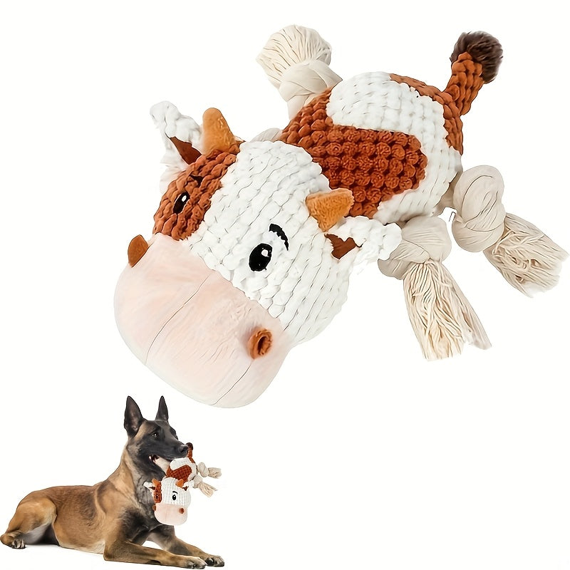 Squeaky Cow Dog Toy, Plush Interactive Tug-of-War with Crinkle Paper, IQ Training Chew Toy for Small, Medium, and Large Dogs, No Battery Needed, Anxiety Relief Pet Toy