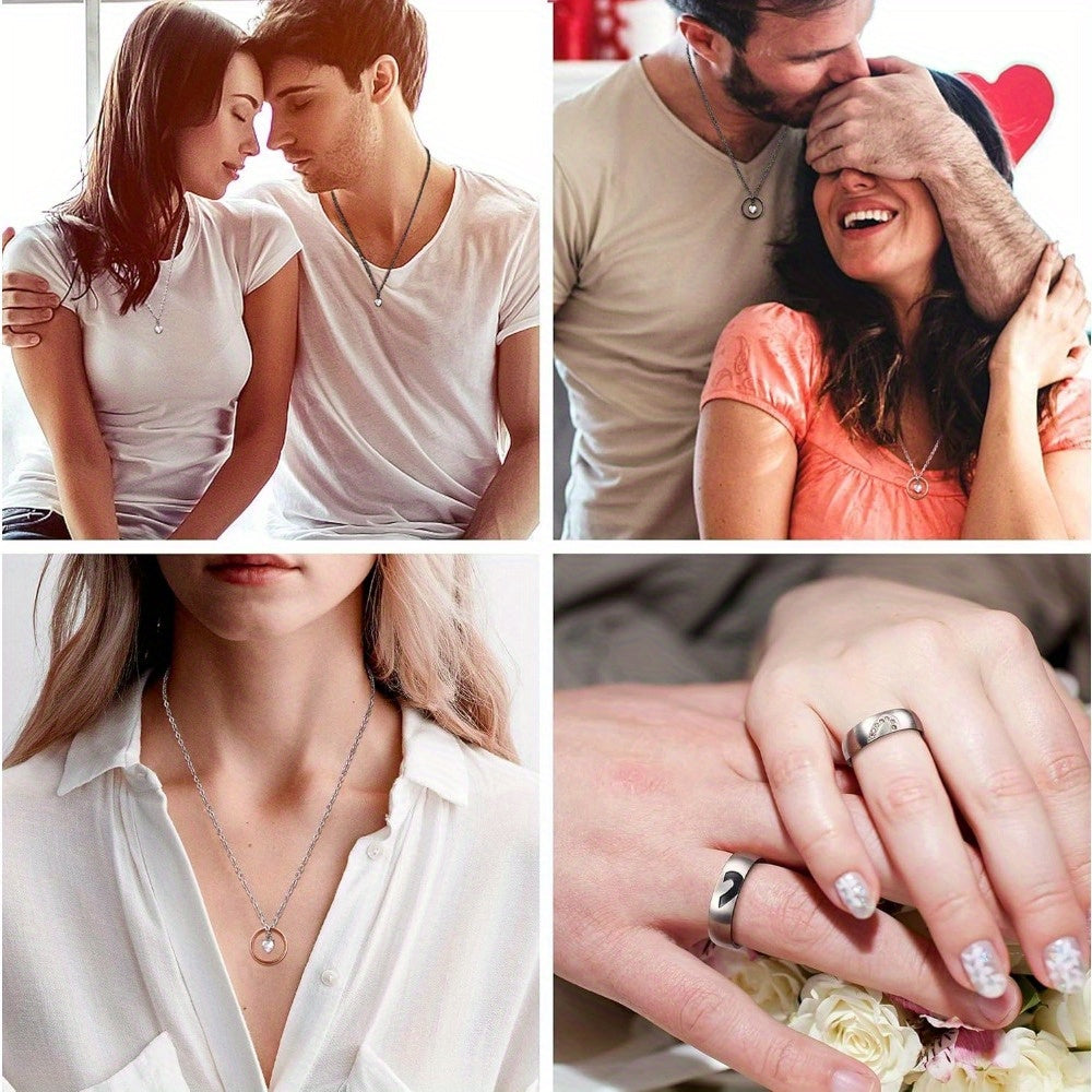 Matching Couples Necklace and Promise Ring Set, Romantic Pendant for Him and Her, Anniversary Valentine's Day Gift, "I Love You" in 100 Languages, Vintage Jewelry