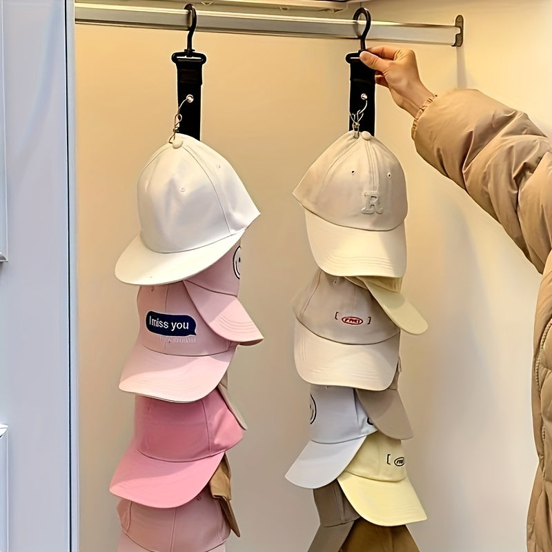 Stainless Steel Hat Rack - 8 Clips, Holds 16 Baseball Caps, Multi-Functional Hat & Clothing Organizer for Wardrobe & Home - Black