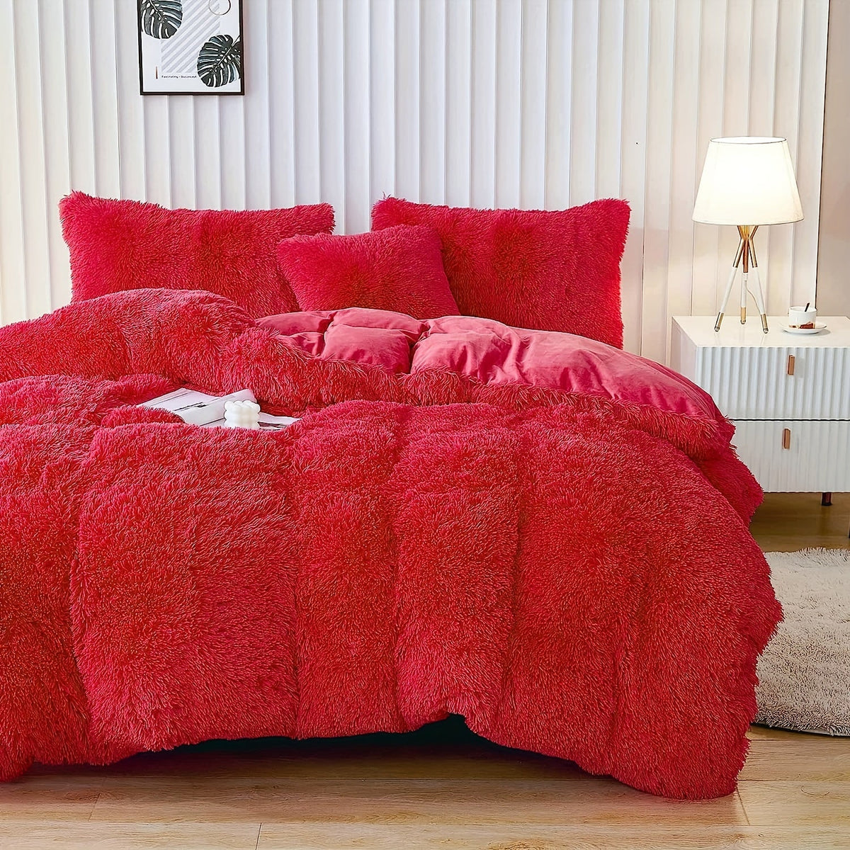 Plush Duvet Cover Set 3 Piece, Long Hair Knitted Polyester, Solid Color Fuzzy Comforter Cover with Zipper Closure, All-Season Soft Cozy Bedding Set for Bedroom, Multiple Colors Available