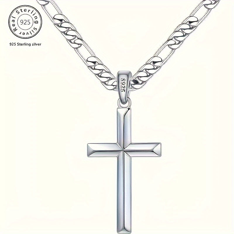 925 Sterling Silver Cross Pendant Chain Necklace – Unplated Natural Silver Avant-Garde Unisex Faith Jewelry, Unique Modern Cross Necklace Gift for Anniversary, Christmas, and Birthday for Men and Women