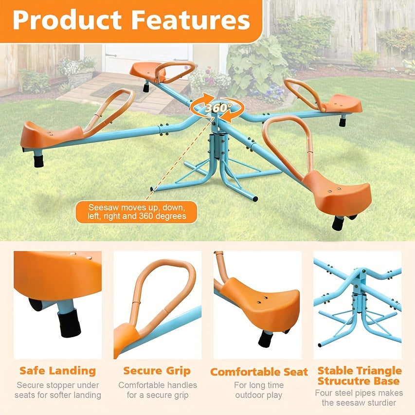 Kids 360-Degree Rotating Seesaw, 2-Seat or 4-Seat, Metal Frame, Outdoor Play Equipment, Rotating Swing Ride-On, for Playground, Backyard & Garden, Blue