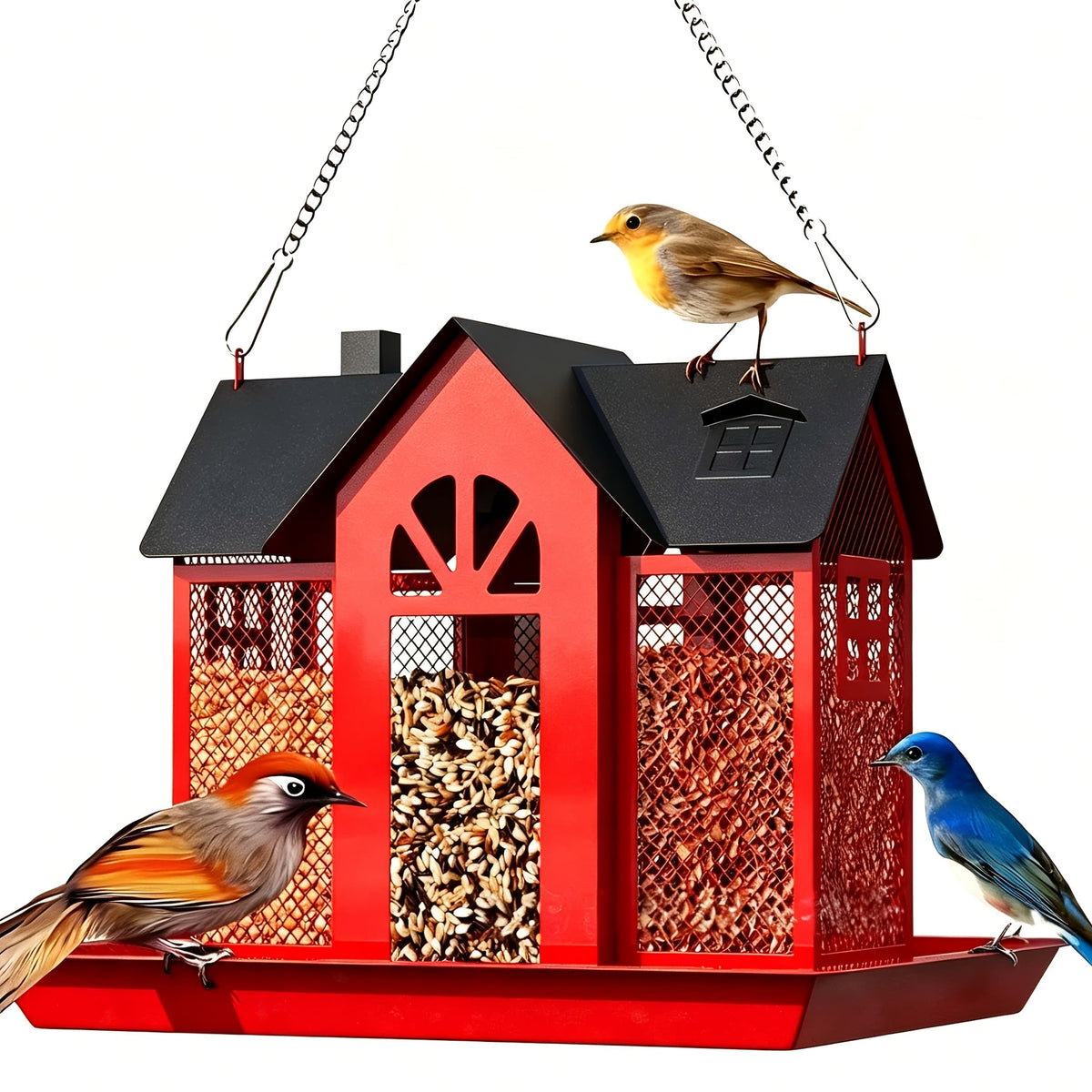Squirrel-Proof Wild Bird Feeder for Outdoors – 3-Chamber Metal Mesh Large-Capacity Weatherproof Hanging Bird Feeder for Cardinals, Finches, and Backyard Birds, Available in Multiple Colors