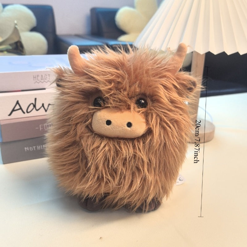 Cute Scottish Cow Plush Dog Toy – Round Fluffy Simulated Animal Chew Toy for Dogs & Cats, Soft Squeaky Companion Doll for Anxiety Relief, Chewing & Interactive Play for Puppies and Small Pets