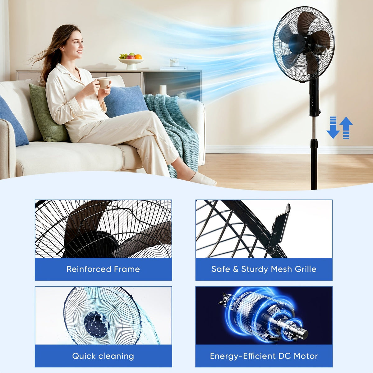 Pedestal Fan with Remote Control 45–53 In Adjustable Height 1050 CFM 80° Oscillating 3 Speeds 3 Modes 12H Timer Quiet Standing Floor Fan for Home Bedroom & Living Room – Black