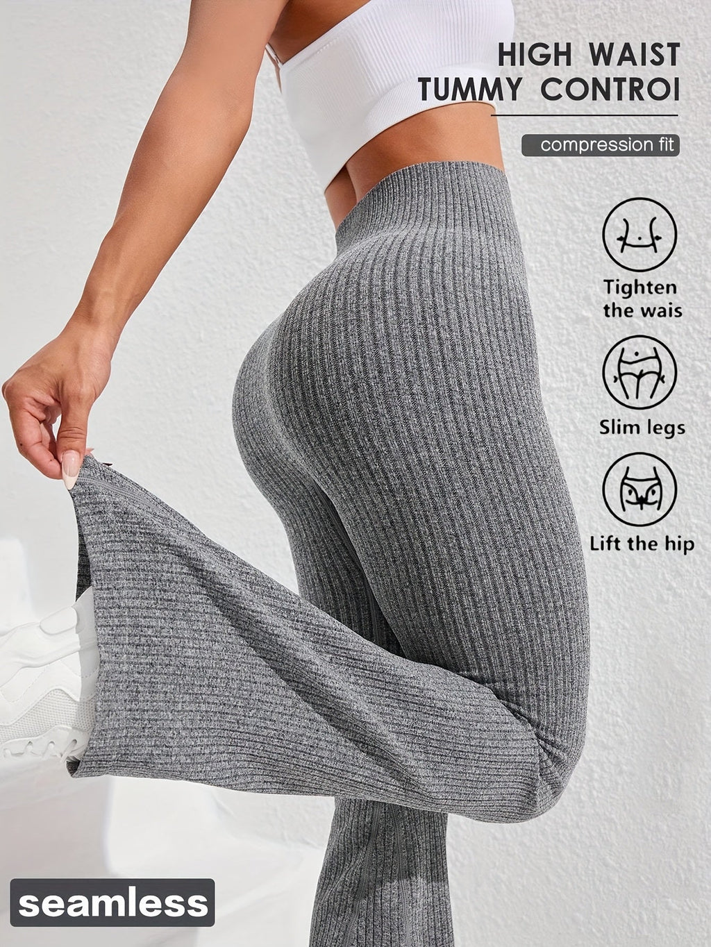 Women's High-Waist Tummy Control Slim Flare Pants Textured Wide Ribbed Knit Stretch Yoga Fitness Running Casual Trousers XS-L 4 Colors