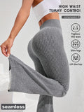 Women's High-Waist Tummy Control Slim Flare Pants Textured Wide Ribbed Knit Stretch Yoga Fitness Running Casual Trousers XS-L 4 Colors