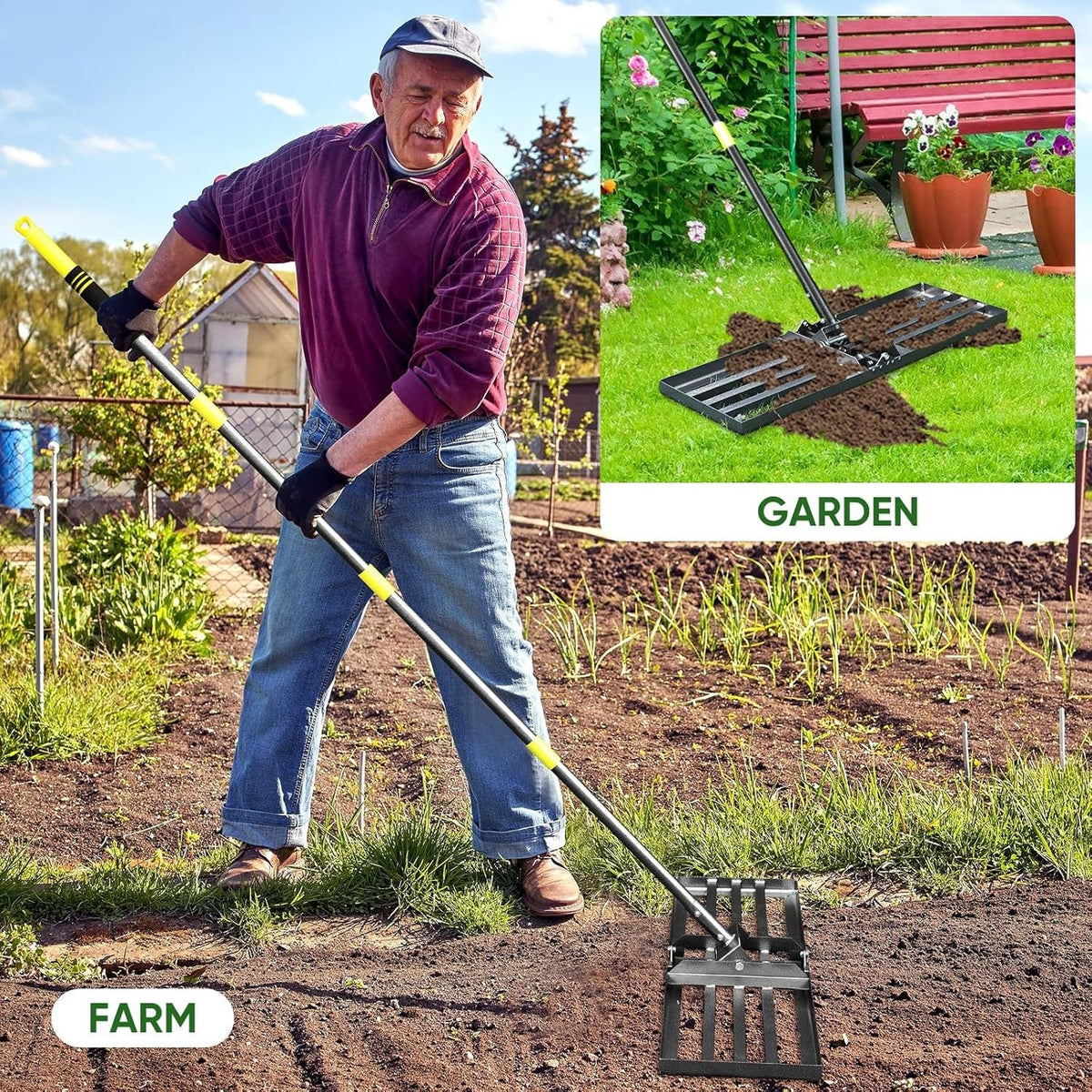 Lawn Leveling Rake - 17x10" Heavy Duty Metal Lawn Leveler, Foldable Head, Adjustable Ergonomic Handle for Yard, Garden & Golf Course - 5FT & 6FT - Yellow
