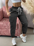 Women's Cargo Pants, Drawstring Waist, Multiple Pockets, Frayed Hem, All-Season Comfort Fit, Casual Wear - Black, Khaki, Olive, Gray, Navy, Dark Gray, S, M, L, XL, XXL, Woven Stretch Fabric