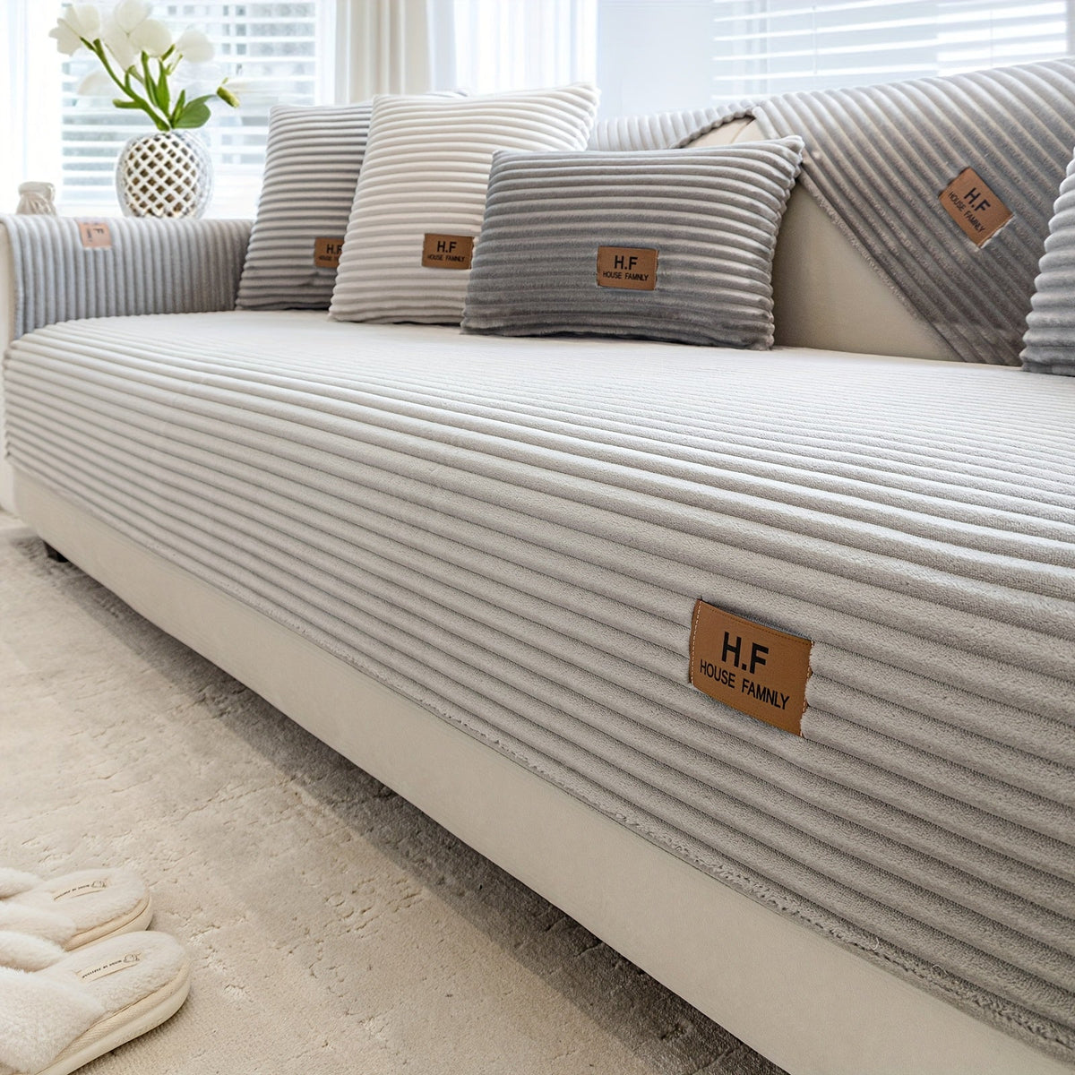 Short Plush Striped Sofa Cover & Cushion - All-Season, Pet-Friendly & Non-Slip - Armchair, Loveseat, 3/4/5-Seater, Backrest, Armrest & Pillowcase - White, Dark Gray, Light Gray, Coffee & Blue