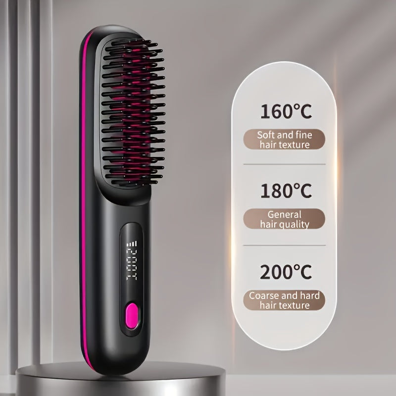 Portable Wireless Hair Straightener Comb - USB Charging, 3-Speed Temperature Control, Negative Ion Technology, LED Display - Lightweight Travel Hair Straightener - Black & White