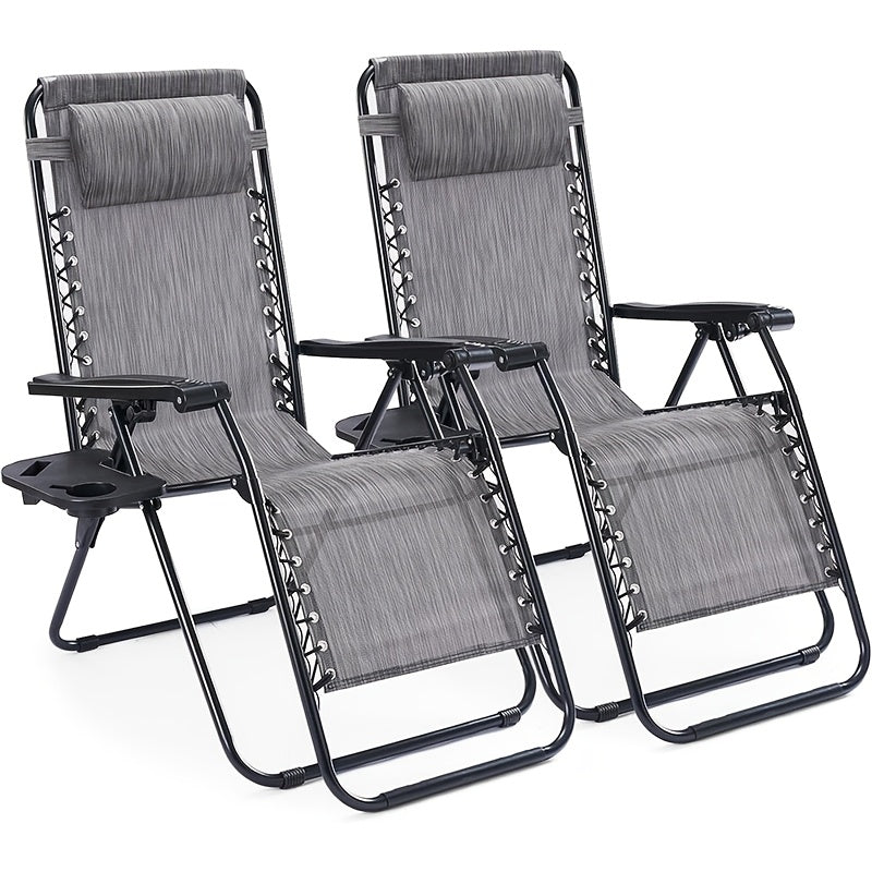 2-Pack Zero Gravity Chairs – Breathable Fabric Adjustable Reclining Outdoor Lounge Chair with Cup Holder Tray & Headrest Pillow for Beach Camping Poolside Backyard & Garden in Black Blue Grey & Khaki