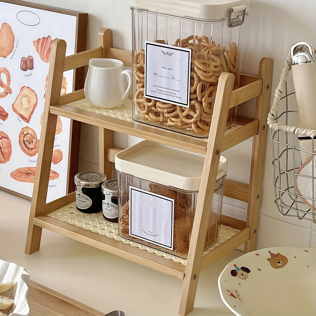 2-Tier Wooden Countertop Shelf Organizer, Vintage Trapezoidal Design, Bamboo Desktop Storage Rack for Kitchen, Office, and Bedroom, Space-Saving Counter Shelf for Coffee Cups, Books, and Decor – 1 or 2 Pack, Large & Medium