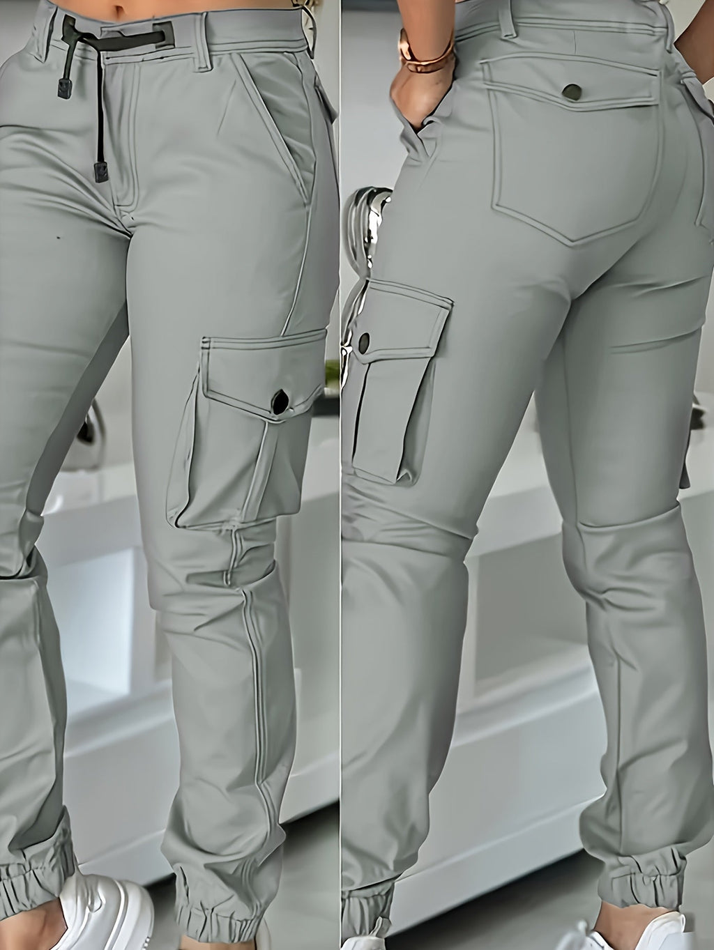 Women's High-Waist Cargo Joggers Ankle-Length Pants with Drawstring and Pockets, Slim-Fit Casual Trousers for Spring and Autumn, Black/Khaki/Grey, XS-XL