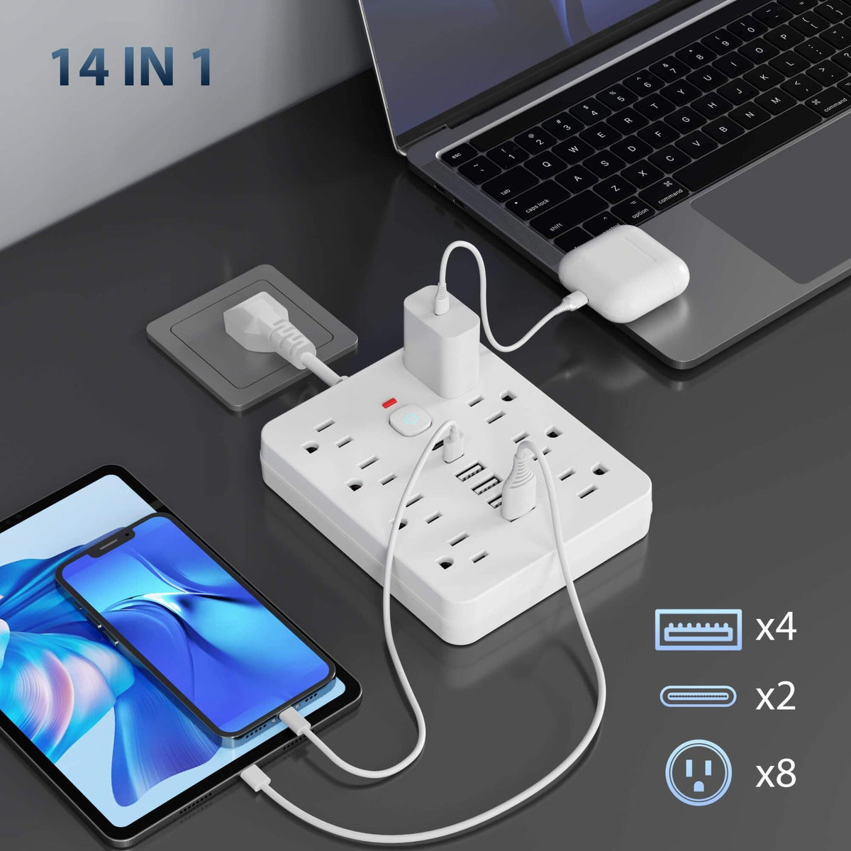 14-in-1 Power Strip Surge Protector - 8 AC Outlets, 4 USB-A & 2 USB-C Ports, Flat Plug, Space-Saving Extension Cord for Home, Office & Kitchen - White & Black