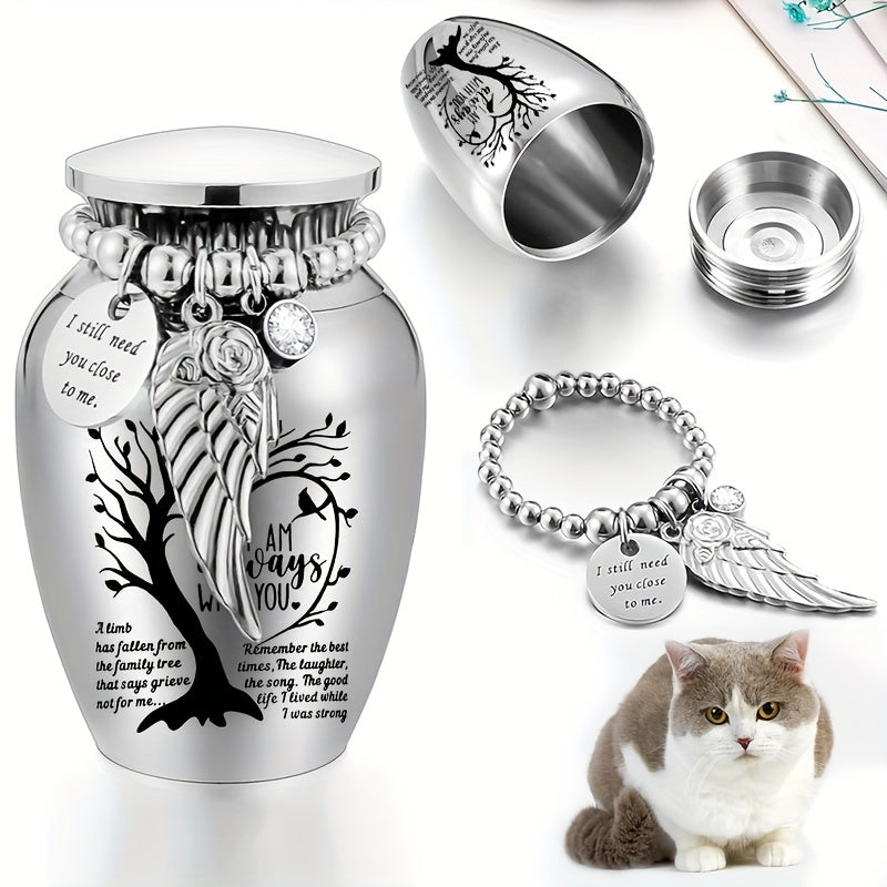 Mini Keepsake Cremation Urn with Wing Charm – 2.56 Inch Aluminum Alloy Memorial Ash Holder with "I Am Always with You" Engraving, Small Human Ashes Urn for Remembrance & Sympathy Gift, Silver