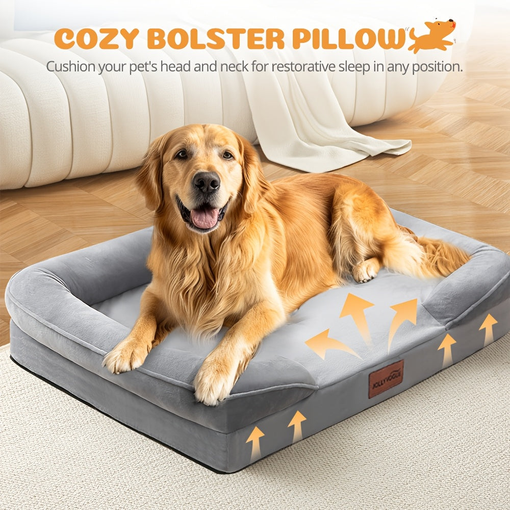 Extra Large Dog Sofa Bed, 100% Supportive Foam, 4-Sided Bolster, Removable Washable Cover, Non-Skid Bottom, Joint Support, Soft Warm Pet Couch Bed, Grey, M/L/XL/XXL, All Breeds