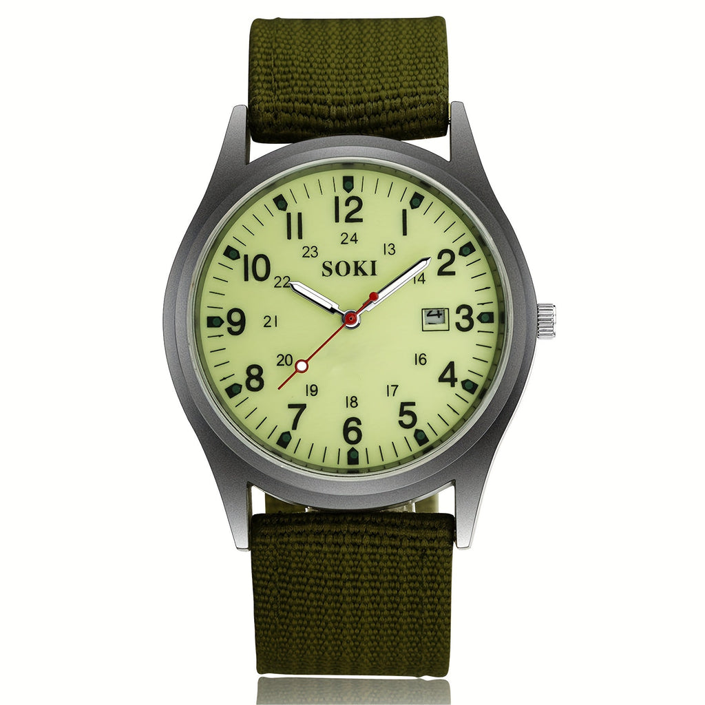 Men's Outdoor Sports Quartz Watch with Nylon Strap – Luminous Dial, 24-Hour Military Scale, Calendar Function, Lightweight Alloy Case, Available in Multiple Colors, Casual Business Adventure Gift Watch for Men