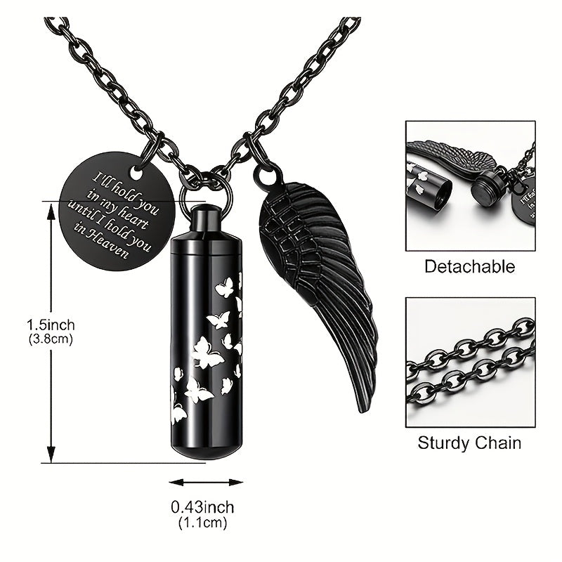 Cylinder Urn Necklace for Ashes - Stainless Steel Butterfly & Angel Wing Memorial Keepsake Pendant for Pet & Human Loss, Cremation Jewelry for Women, Men & Loved Ones (Silvery)