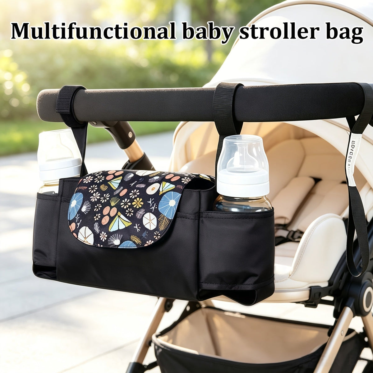 Portable Stroller Storage Bag, Large Capacity Polyester Organizer for Bottles Diapers & Essentials, Multifunctional Baby Stroller Bag for Home & Outings, Triangle Style