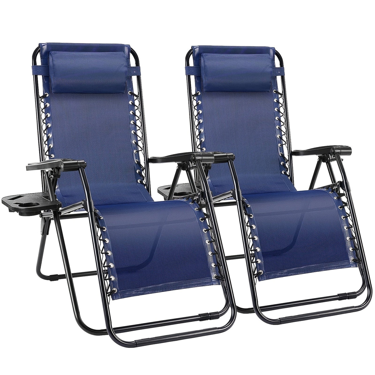 2-Pack Zero Gravity Chairs – Breathable Fabric Adjustable Reclining Outdoor Lounge Chair with Cup Holder Tray & Headrest Pillow for Beach Camping Poolside Backyard & Garden in Black Blue Grey & Khaki
