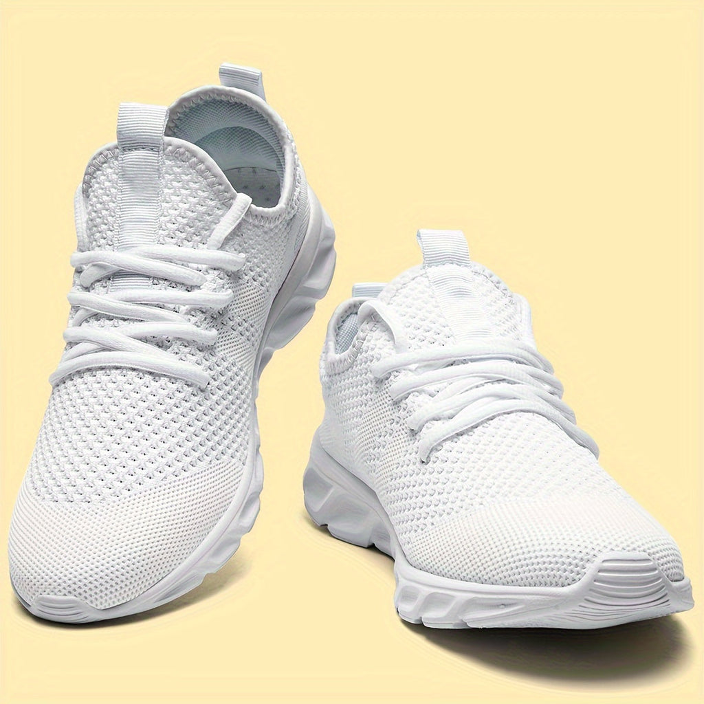 Men's Lightweight Breathable Knit Mesh Sneakers, EVA Sole Low-Top Lace-Up Running Walking Shoes, White Red Black Round Toe, All-Season Gym Travel Daily Wear, Sizes US 6-13.5