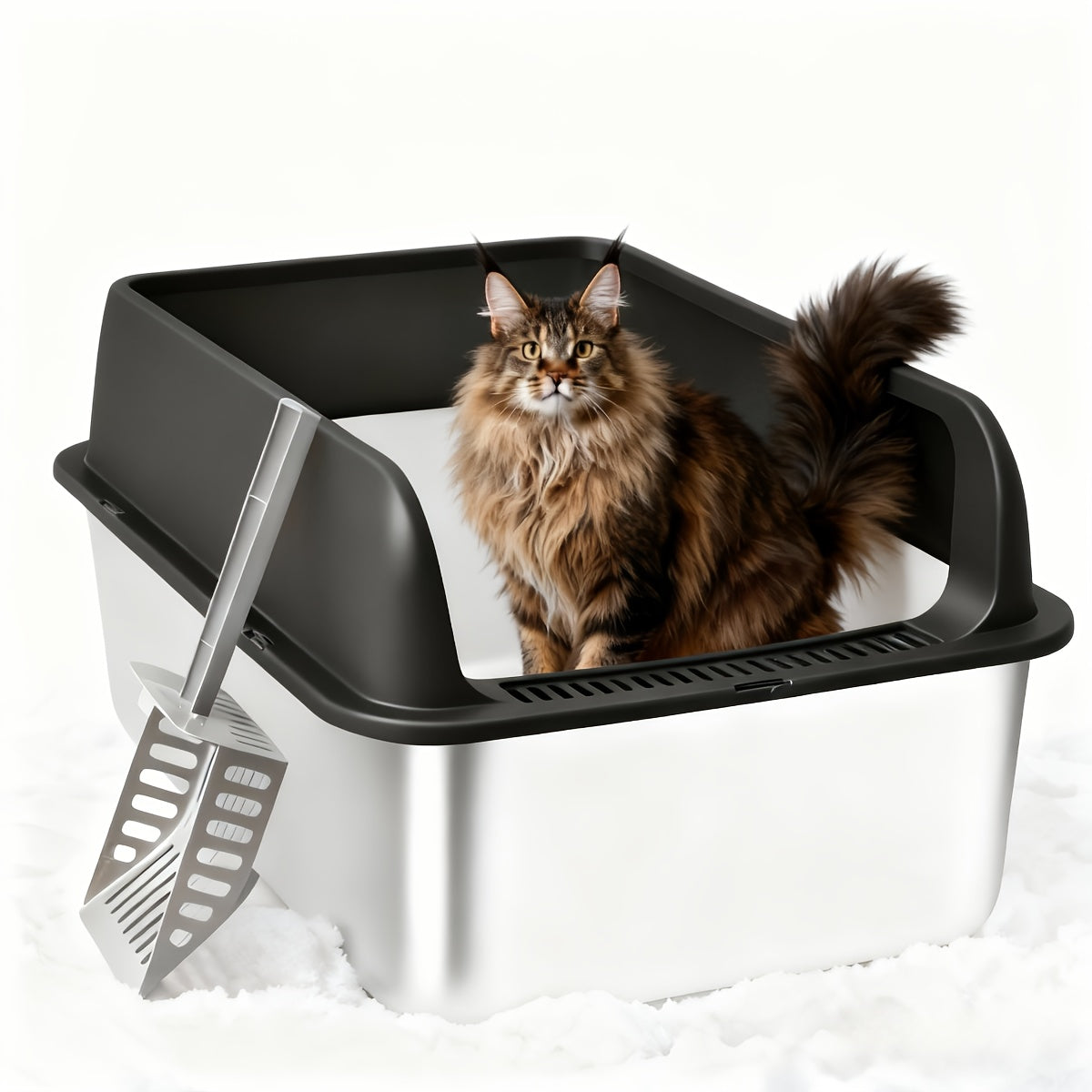 Stainless Steel Cat Litter Box, High-Sided Anti-Leakage Metal Litter Pan with Scoop and Sifting Tray, Rust-Proof, Odor-Resistant, Non-Stick, Easy-Clean Indoor Cat Toilet for Medium to Large Cats