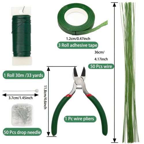 105Pcs Floral Arrangement Kit with Green Floral Tape, Wire, Boutonniere Pins, and Wire Cutter – DIY Wreath Making, Wedding Bouquet, Corsage Craft Supplies