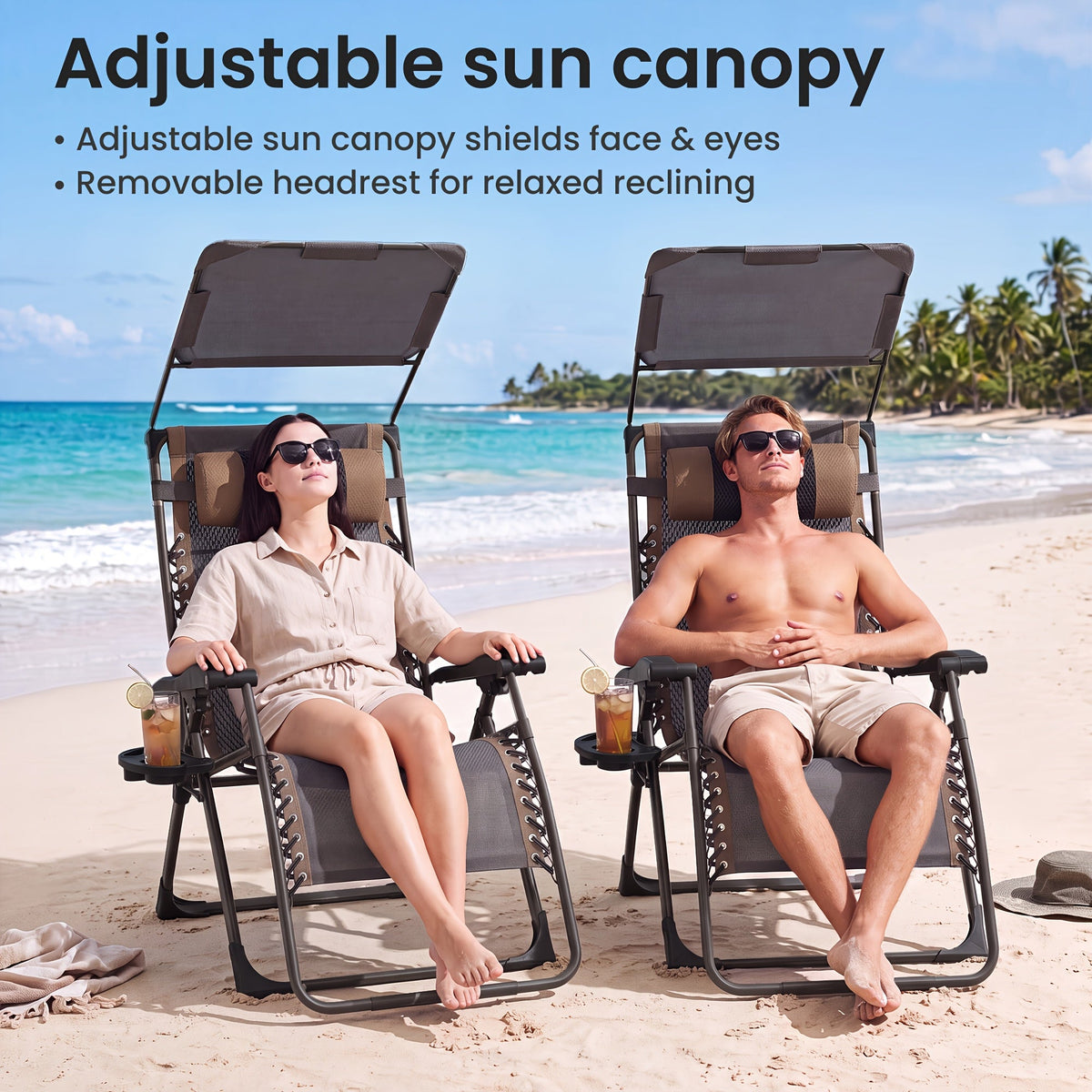 Zero Gravity Chairs with Canopy, Set of 2, 400 Lb Capacity, Adjustable Folding Anti-Gravity Recliner, Side Tray & Headrest, for Patio, Beach & Camping Outdoor Lounging