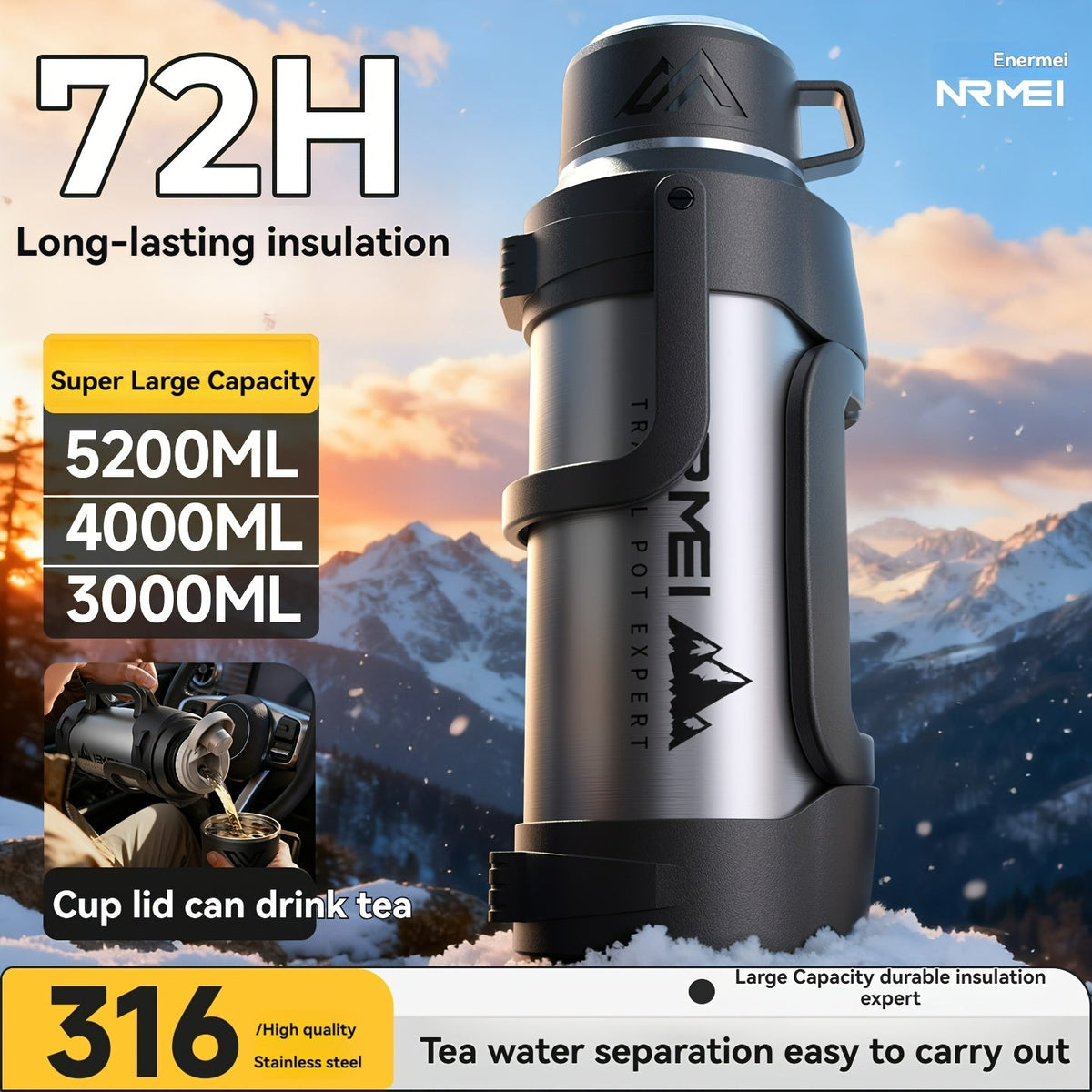 Large Stainless Steel Thermos Flask - 48-Hour Insulation, Handle & Cup Lid, Tea Storage Compartment, Multiple Sizes 1200ml to 4000ml for Outdoor & Camping