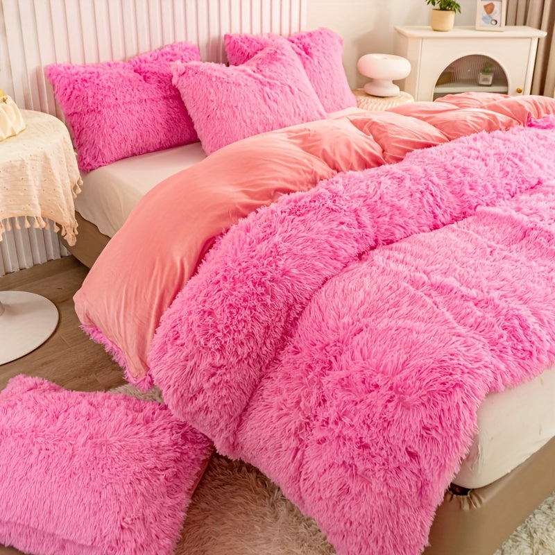 Plush Duvet Cover Set 3 Piece, Long Hair Knitted Polyester, Solid Color Fuzzy Comforter Cover with Zipper Closure, All-Season Soft Cozy Bedding Set for Bedroom, Multiple Colors Available