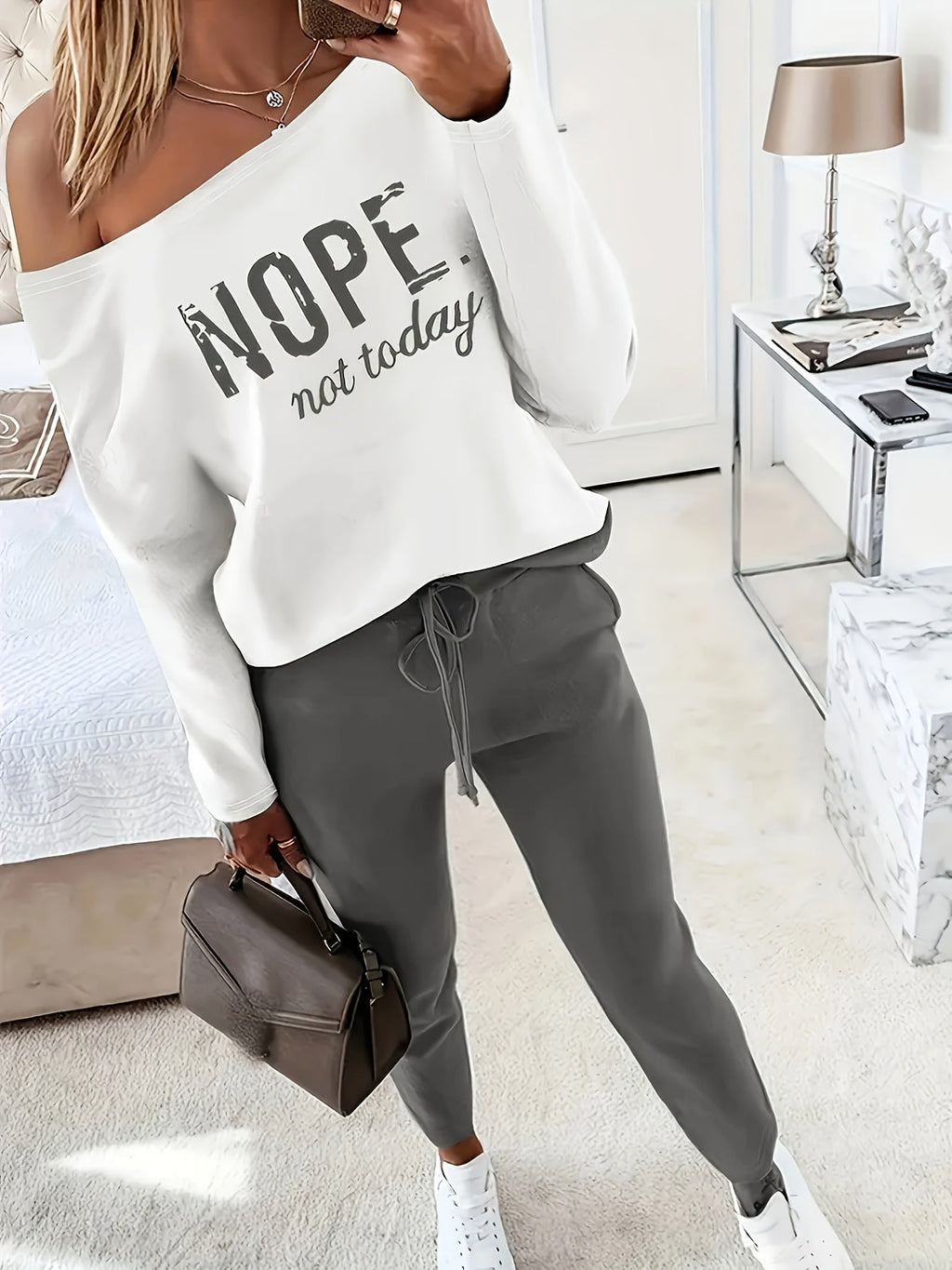 Women's Casual Letter Print Long Sleeve T-Shirt and Wide Leg Pants 2-Piece Matching Lounge Set White Pink Black S-XXL