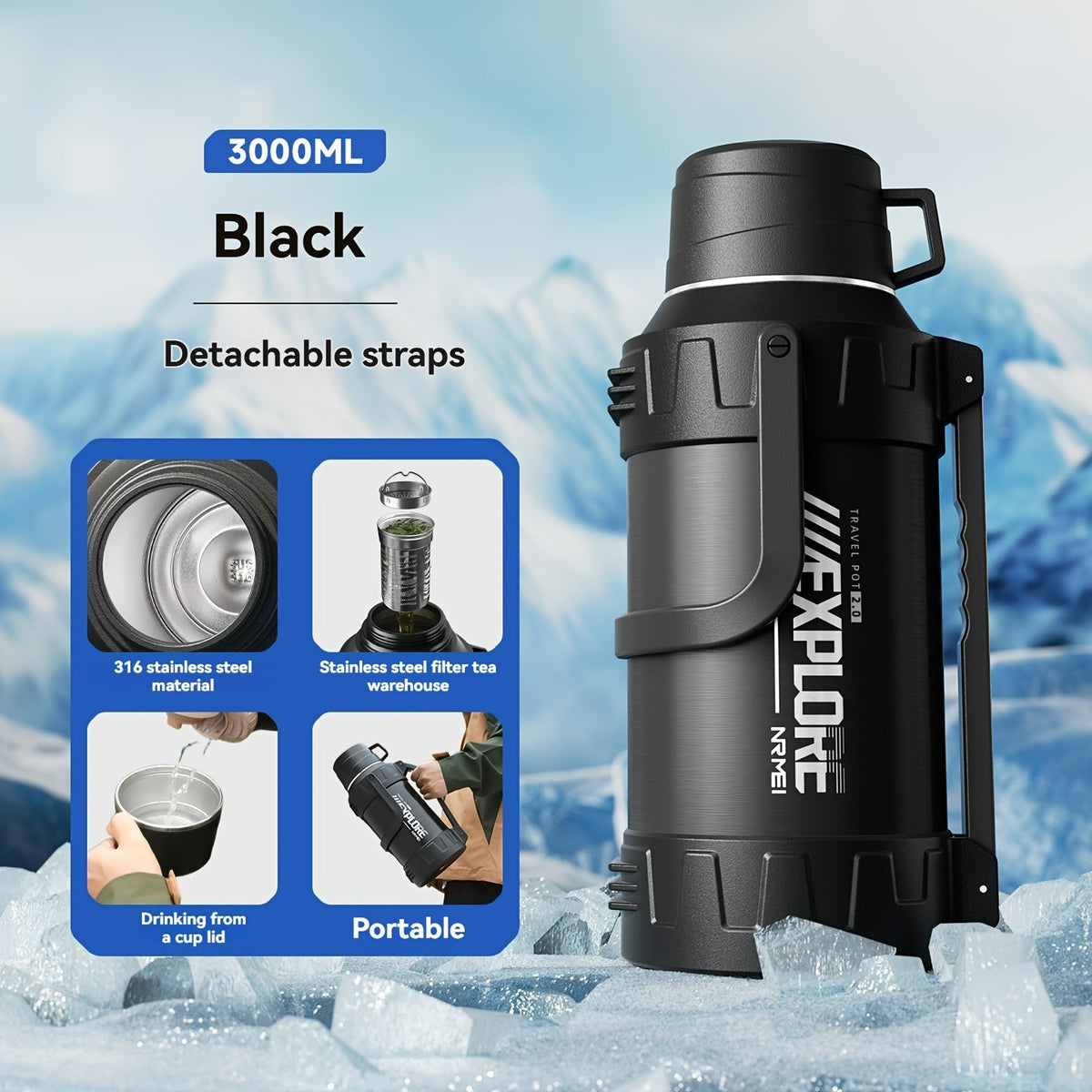 Large Stainless Steel Thermos Flask - 48-Hour Insulation, Handle & Cup Lid, Tea Storage Compartment, Multiple Sizes 1200ml to 4000ml for Outdoor & Camping