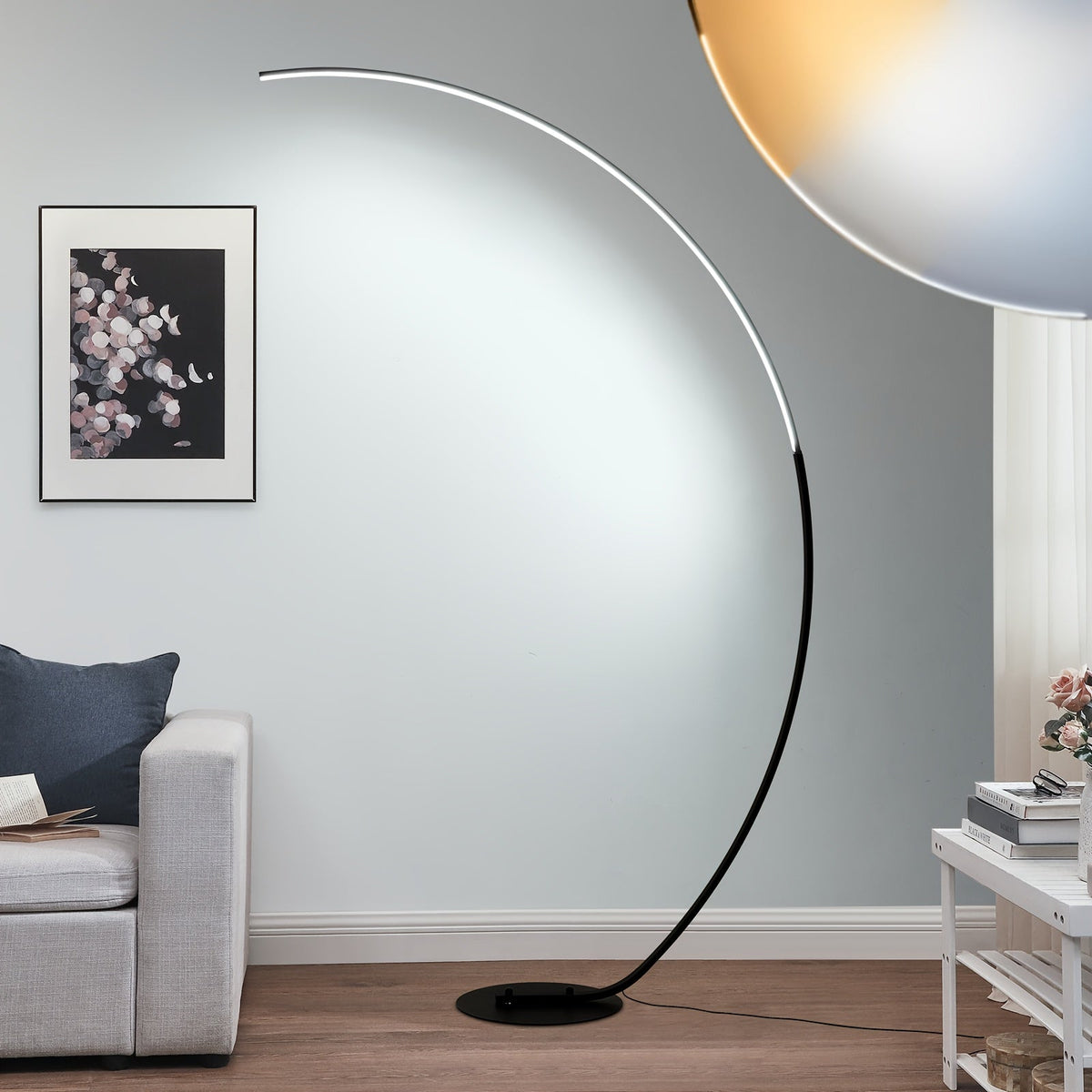 Modern 65-Inch Arched Floor Lamp with Remote – Dimmable RGB Color Changing LED Curved Standing Light for Bedroom Living Room in Black & Gold