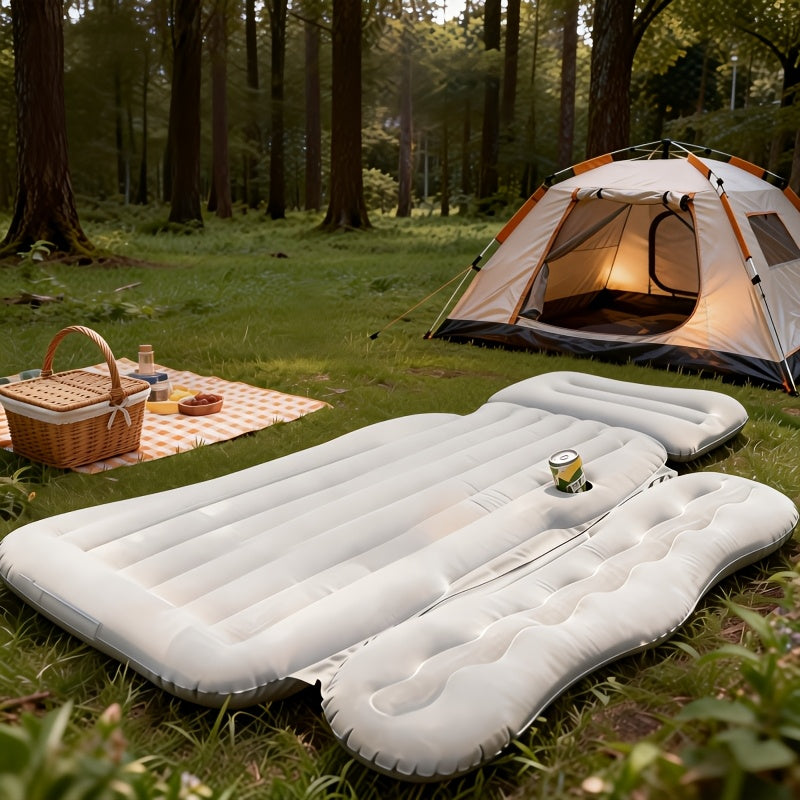 SUV Sedan Car Inflatable Bed, Soft Flocked Back Seat Air Mattress, Foldable & Portable Sleeping Mat for Camping, Road Trips, and Picnics – Includes Air Pump & Storage Bag, Black Grey Beige Pink