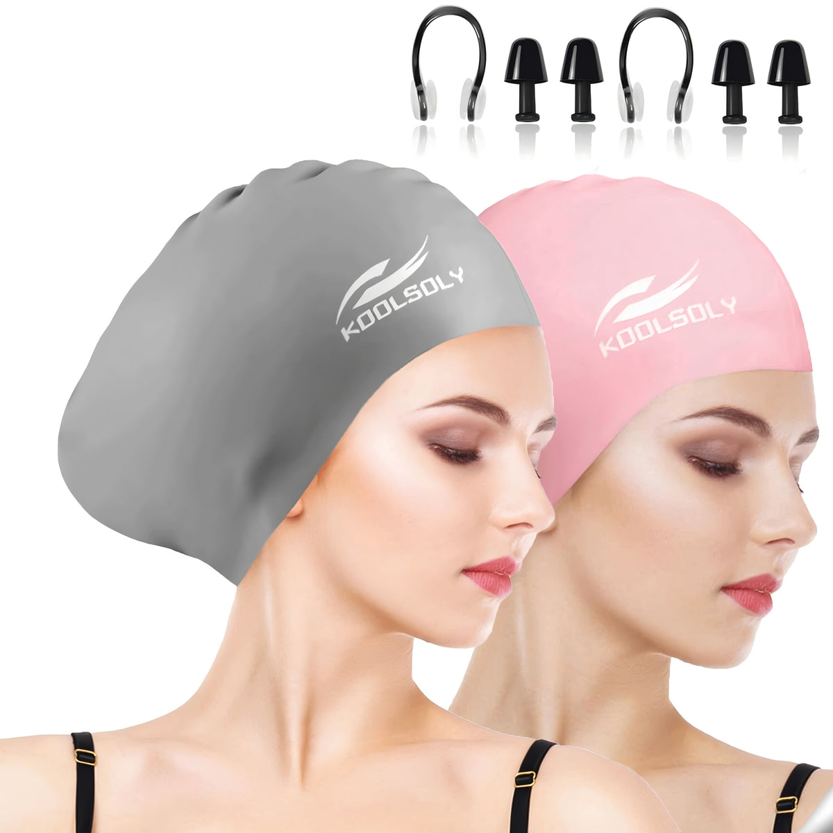 Silicone Swimming Cap 2-Pack with Ear Protection for Long Hair – Includes Earplugs & Nose Clip, Waterproof Swim Cap Set, 11 Color Options for Women, Men, and Adults