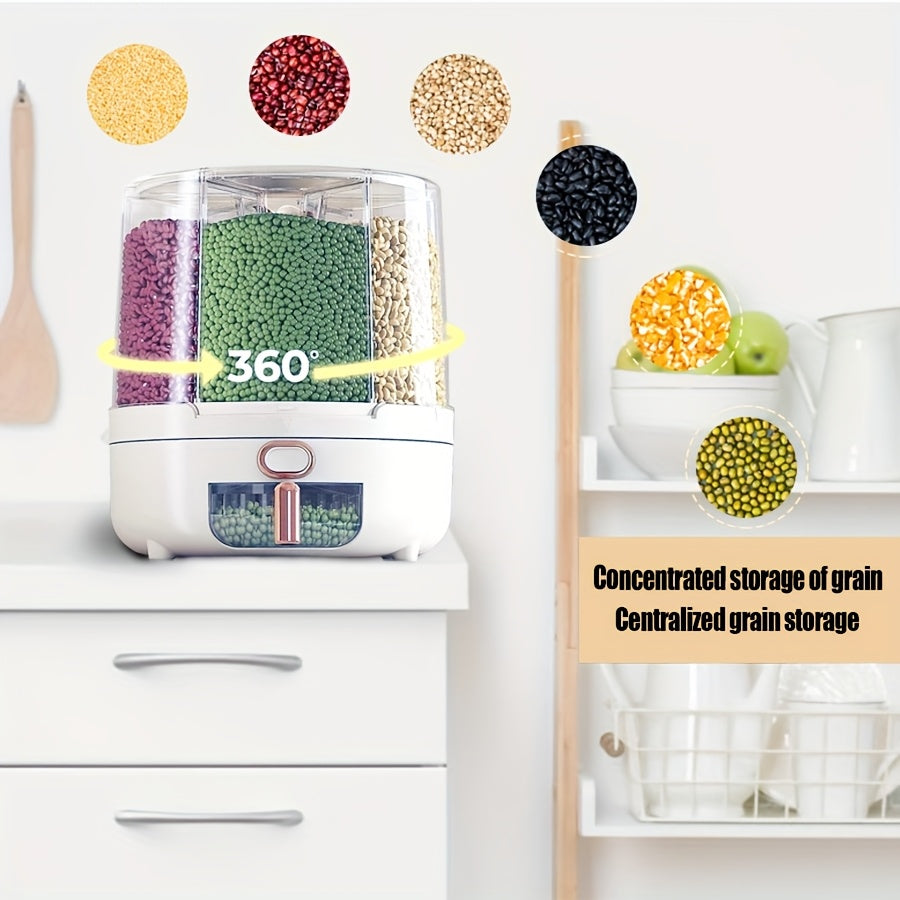 Rotating Cereal Dispenser 6-Grid Large Capacity Airtight Rice Storage Container, Moisture-Proof Insect-Proof Grain Dispenser with Transparent Window & Press Button, Food-Grade PP for Rice, Grains, and Flour