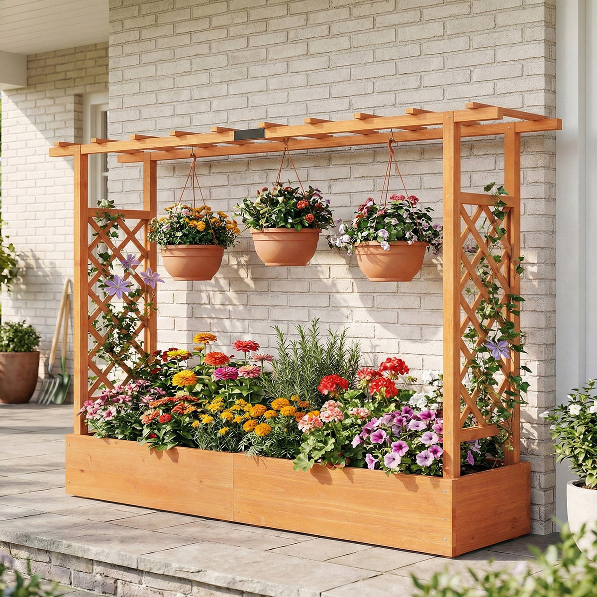 Raised Garden Bed with Trellis & Hanging Roof, 87"x14"x45", Fir Wood, 110 Lb Capacity, Drainage Holes, Detachable Bottom, Freestanding Elevated Planter Box for Climbing Plants, Vines, Vegetables & Flowers, Patio & Balcony