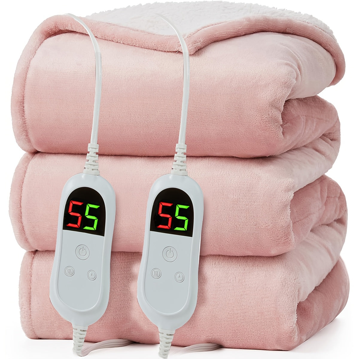 Electric Heated Blanket Dual Zone A B Independent Temperature Controllers 10 Heating Levels 1 2 4 6 8 Hour Auto-Off Fast Heating Soft Flannel Throw Twin Full Queen King Light Grey Navy Black Pink Purple Lake Blue