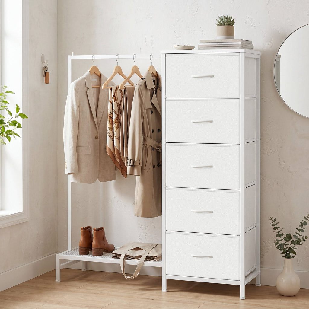 Freestanding Wardrobe Dresser with Hanging Rod, 5 Fabric Drawers & Shoe Shelf – 3-in-1 Closet Organizer, Reversible Layout, Steel Frame, Anti-Tip Kit, 37.9” x 11.8” x 46.3”, White – Nova Mart