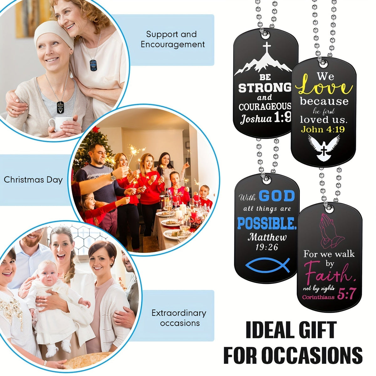 20 Pcs Christian Bible Verse Dog Tag Necklaces Bulk Stainless Steel Inspirational Faith Necklace with Chain for Men Women Boys Religious Gift