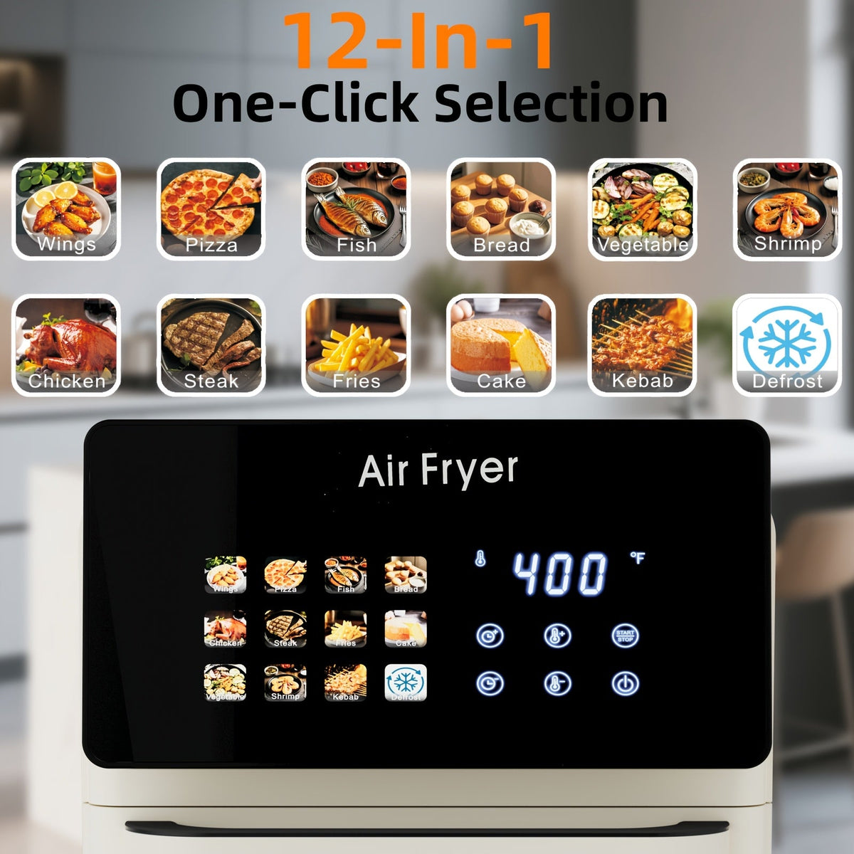 Large Air Fryer Oven with Grill Combo 2.64 Gallon – 12-in-1 Smart Convection Oven with Glass Window Nonstick Basket & Removable Door in White