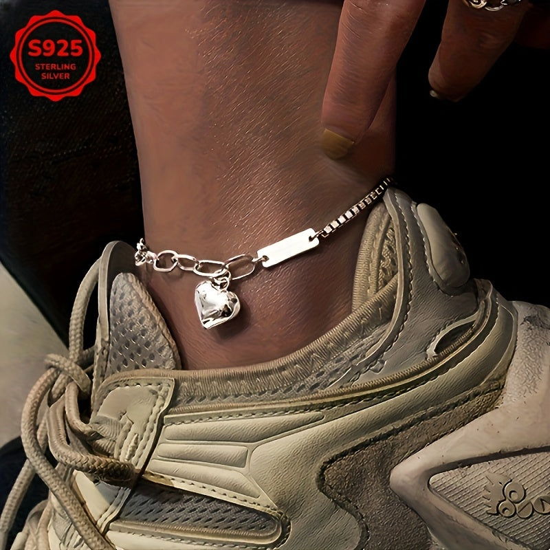 925 Sterling Silver Ankle Bracelet Set with Heart Charm and Lucky Tag – Boho Layered Anklets & Bracelets for Women, Dainty Matching Jewelry Gift for Christmas, Birthdays, Beach Vacations, and Daily Wear