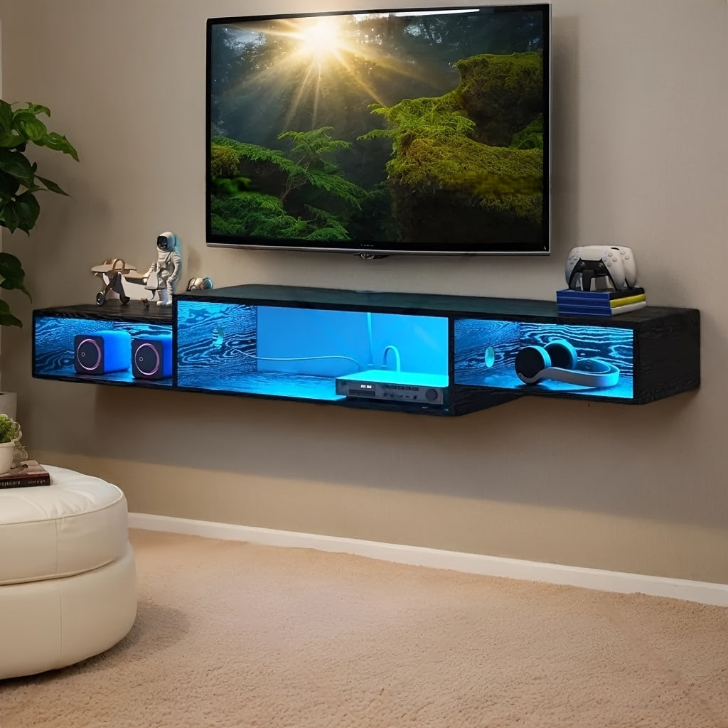 59-Inch Floating TV Stand with LED Lighting & Power Outlet – Wall Mount Entertainment Center with Corner Bracket, Multi-Color LED Strip for Living Room & Bedroom, Black or Rustic Brown – Nova Mart