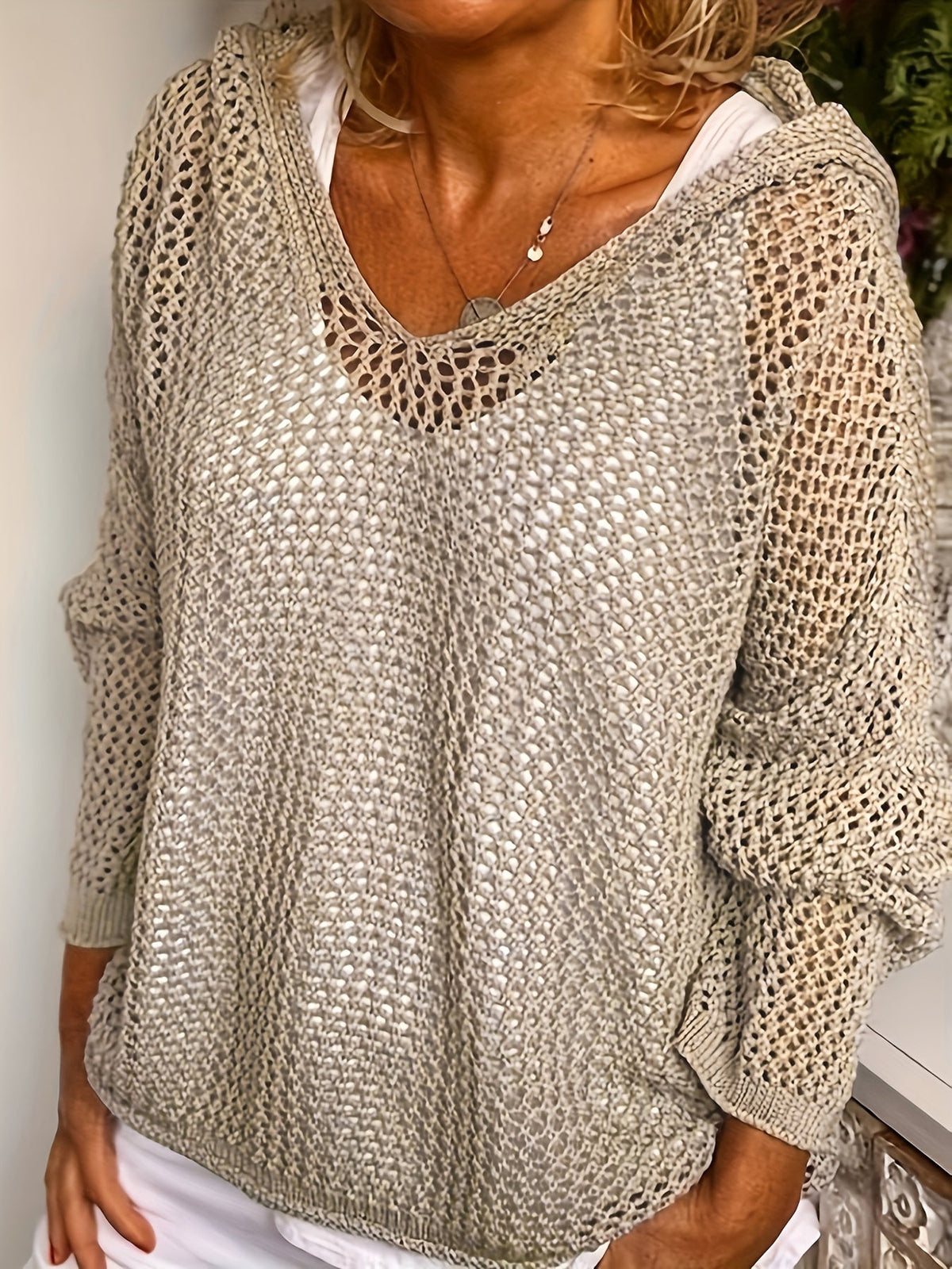 Women's Western Style Loose Hollow-Out Sweater Hoodie - Crochet Knit Pullover Open-Knit Casual Boho Shirt Yellow Green Khaki Red Grey S M L XL XXL Spring Fall