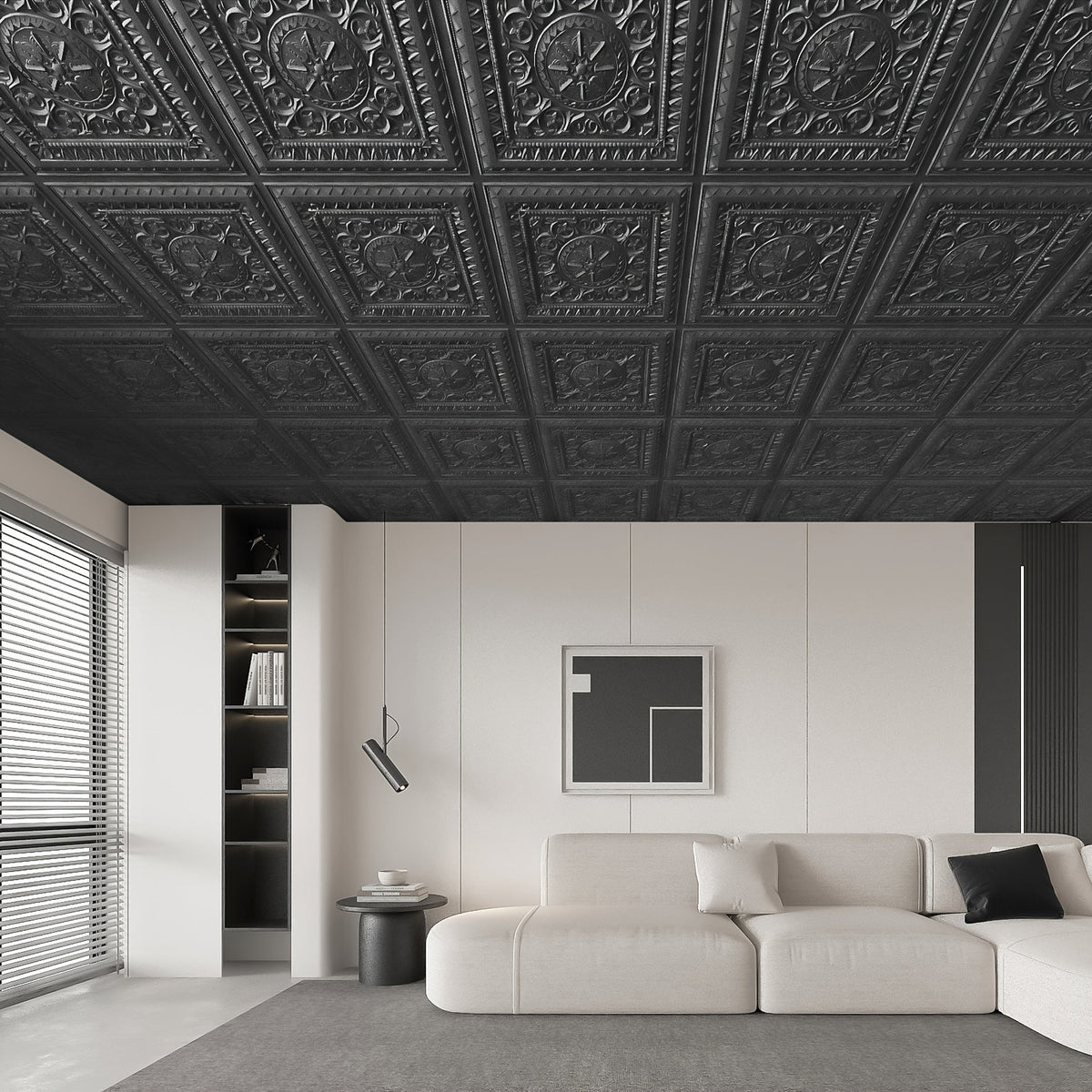3D PVC Ceiling Tiles 2'x2' - 12-Pack, 48 Sq.Ft, Drop Ceiling & Glue-Up, Waterproof, Lightweight, Paintable - Ceiling & Wall Decoration, Remodeling - Black & White