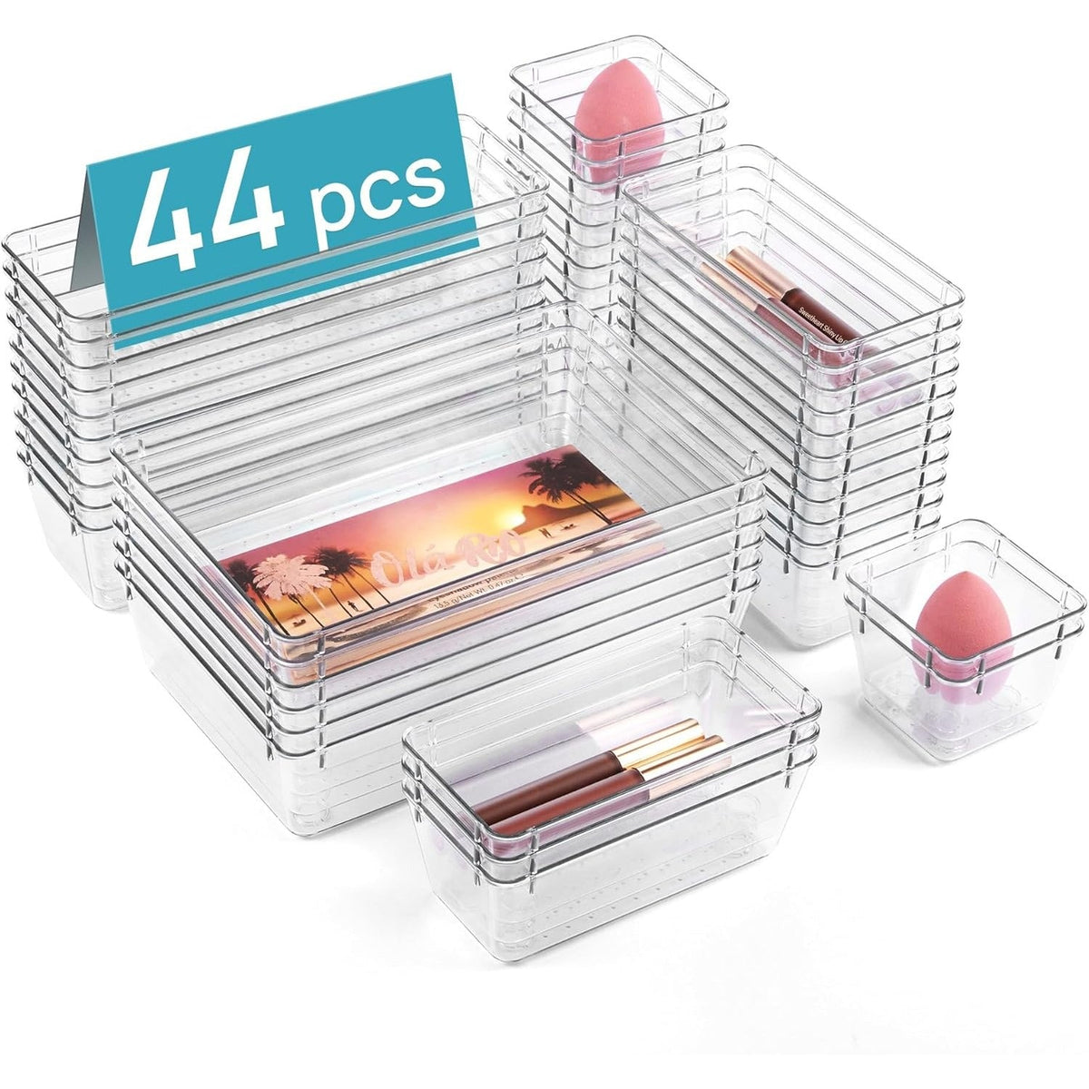 Clear Plastic Drawer Organizer Set, 44 or 60 Pcs, 4 Sizes, Non-Slip Vanity Organizer Trays for Makeup, Jewelry, Bathroom, Bedroom, Kitchen, Office