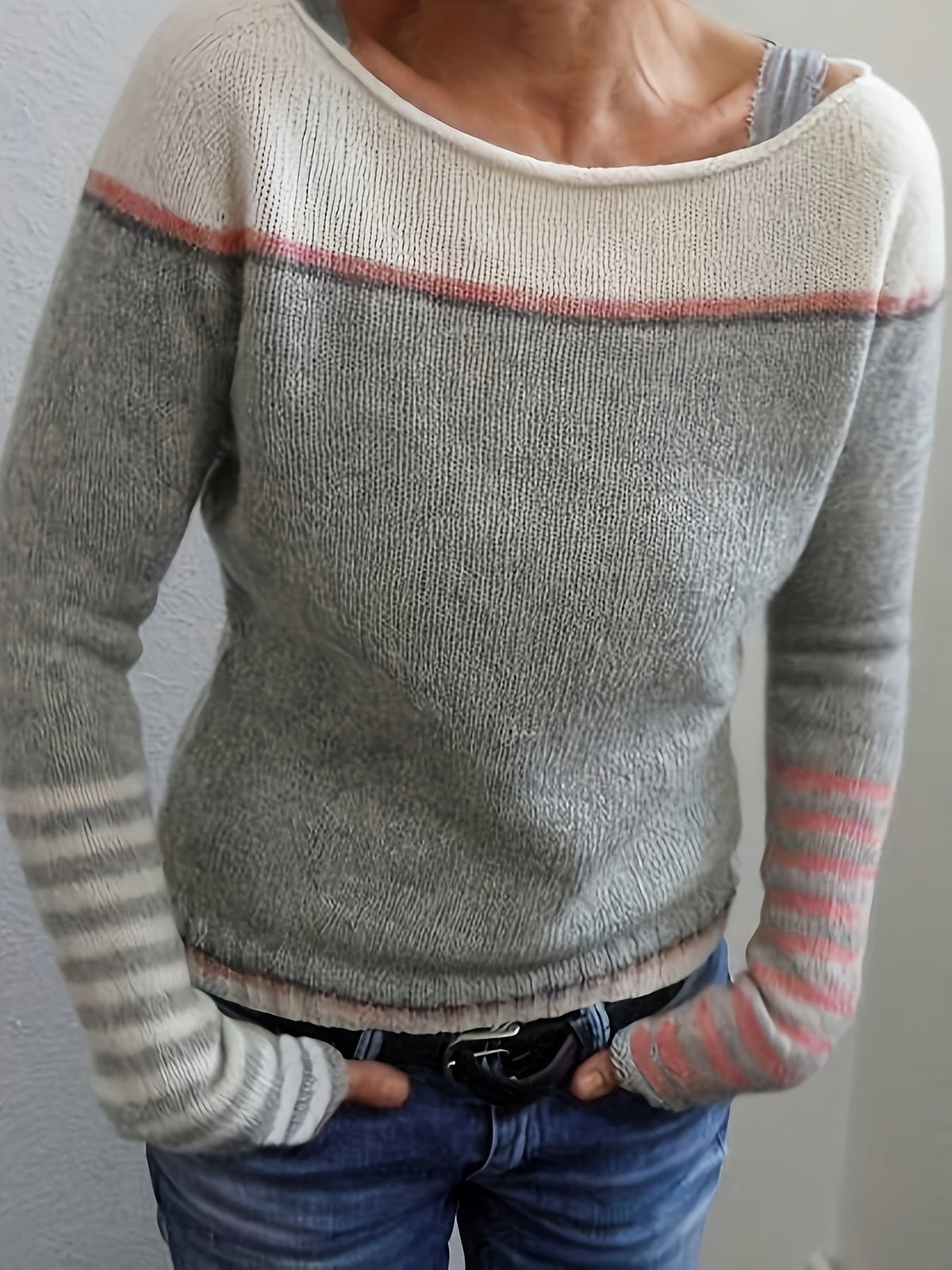 Women's Asymmetric Color Block Striped Knit Sweater Long Sleeve - Off-Shoulder Wide Neck Patchwork Pullover, Casual Chic Spring/Fall Top in Grey, Blue, Green, Purple S-XL