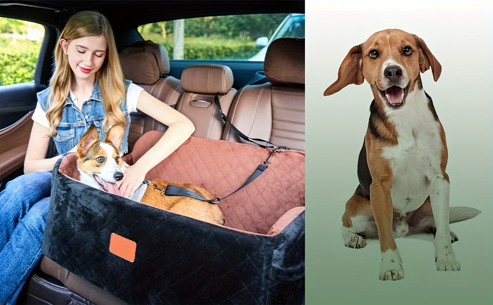 Dog Car Seat for Medium to Large Dogs – Washable Memory Foam Pet Travel Car Bed with Seat Belt Pass-Through, Adjustable Straps & 3-Point Installation, Gray, Black, Brown, All Black, Black-Gray