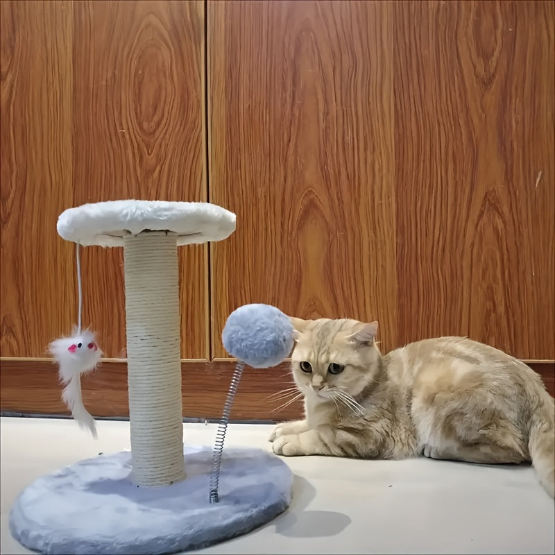 Kitten Climbing Frame, Cat Scratching Post with Hanging Mouse & Spring Ball, Indoor Cat Tree, Scratch Pad Activity Center for Young Cats and Kittens (White/Gray/Brown)